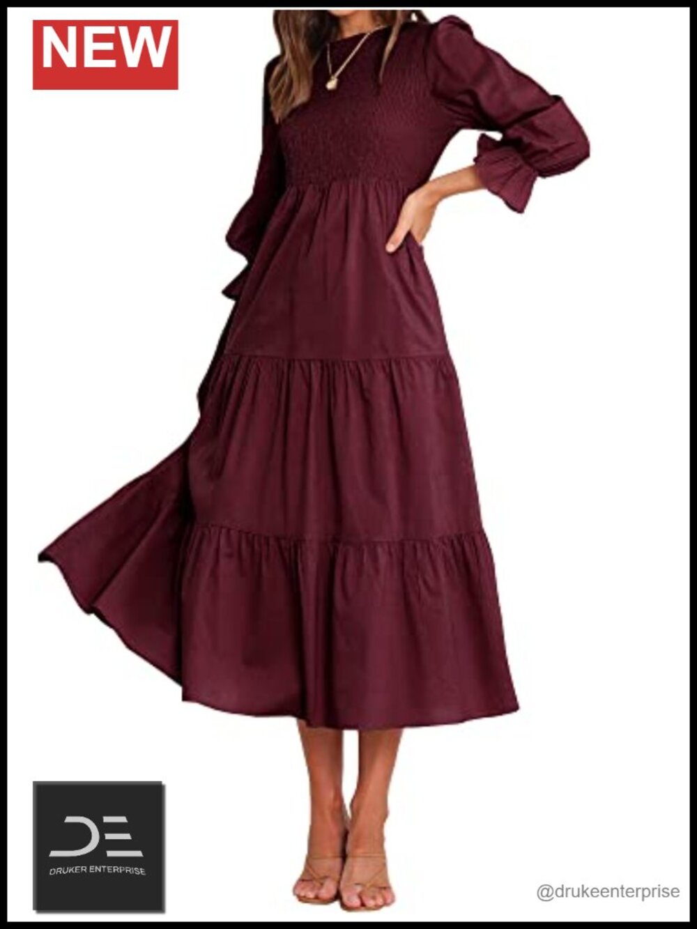 Women Long Sleeve Crew Neck Floral Flowy Maxi Dress Tiered Bohemian